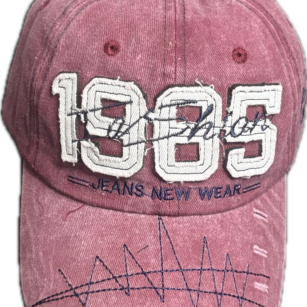 Vintage Distressed Embroidered Wine Red Baseball Cap – Retro 1985 Style - Picture 2 of 3